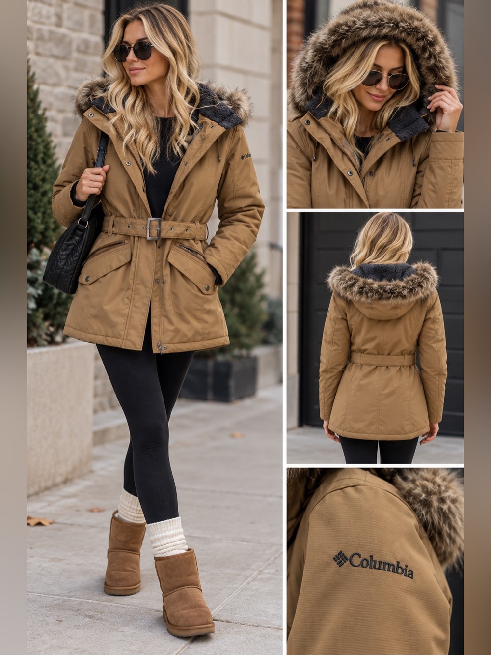Small Columbia Women's Tan Brown Khaki Hooded Faux-Fur Trim Belted Parka Coat 🧥